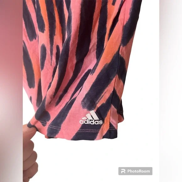 Adidas logo all over print tee zebra top. Sz small 7/8 Orange/pink/black stripes - Picture 5 of 6